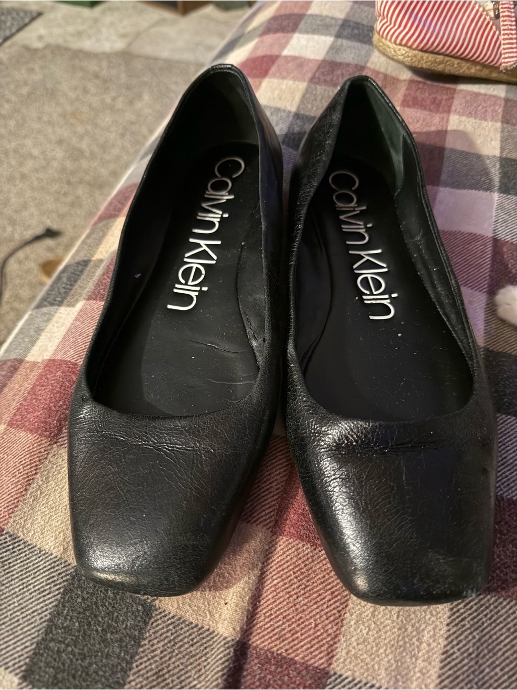 Calvin Klein Black Leather Square-Toe Ballet Flats